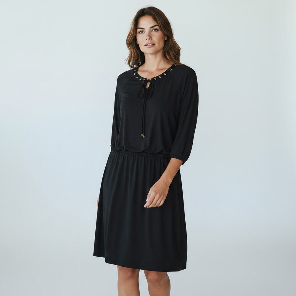 Nine West Black Dress 14 Elastic Waist Grommet Neck Work to Casual LARGE